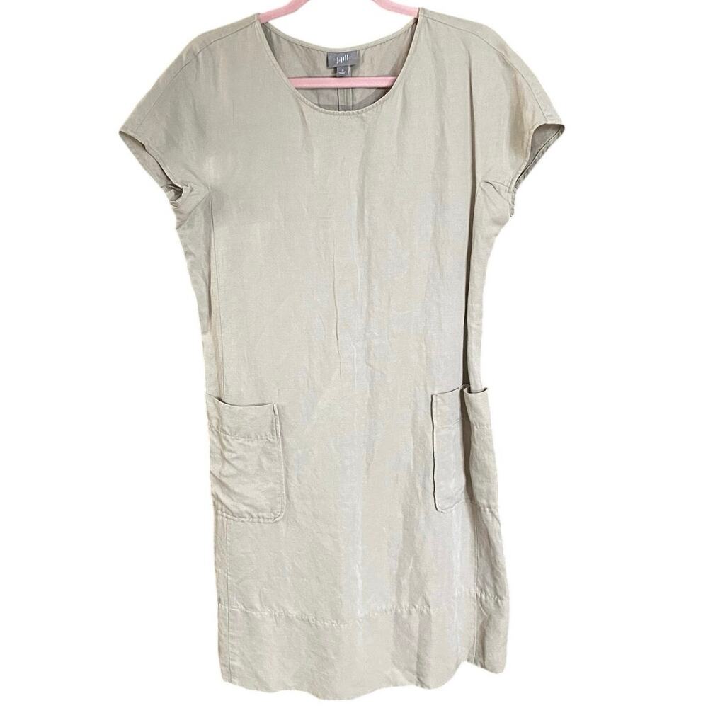 J.Jill Silk Linen Blend Shift Dress Beige Short Sleeve Pockets Minimalist Small